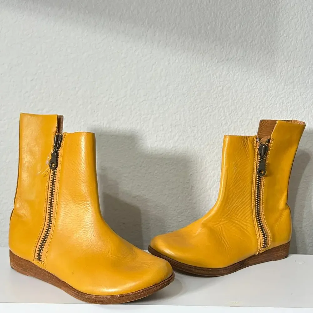Kork-Ease Womens Liza Yellow Leather Zip Up Ankle Boot Wedge Size 9 Boho Scandi